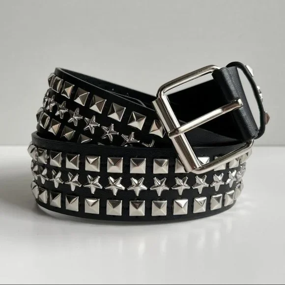 Y2K 2000s star pyramid studded black and silver grunge emo belt - Picture 1 of 8